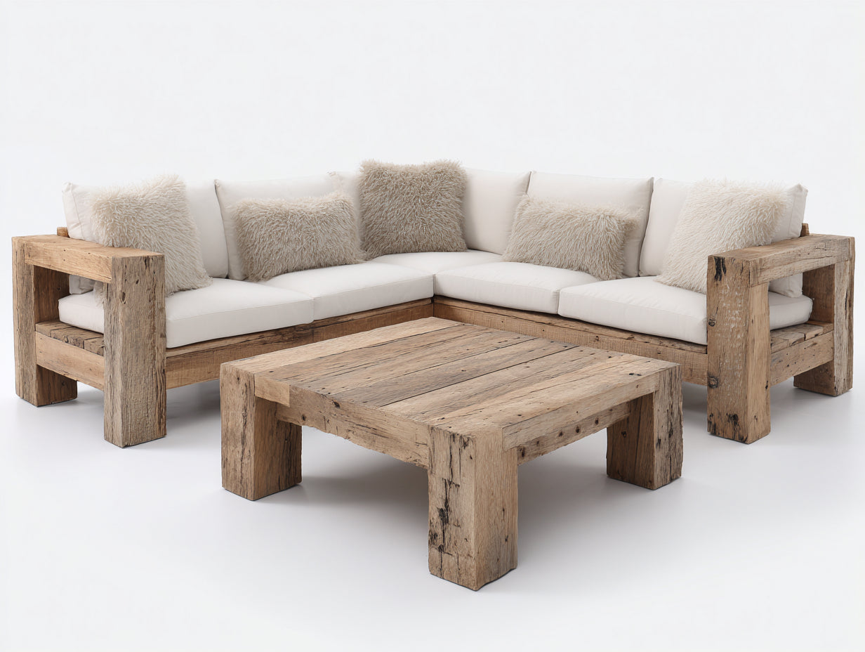 Canapé de jardin - bois - tissu - 245 x 245 x 76 cm - naturel-écru - style rustique