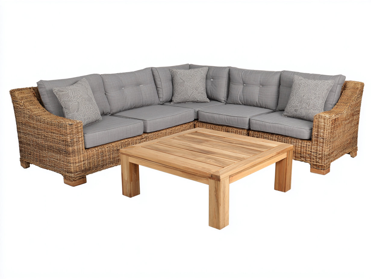 Canapé de jardin - rotin tressé - bois - tissu - 260 x 260 x 84 cm - naturel-gris - style contemporain