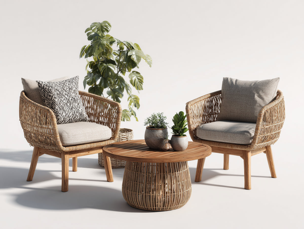 Canapé de jardin - rotin tressé - bois - tissu - 78 x 75 x 78 cm - naturel-beige-gris - style bohème