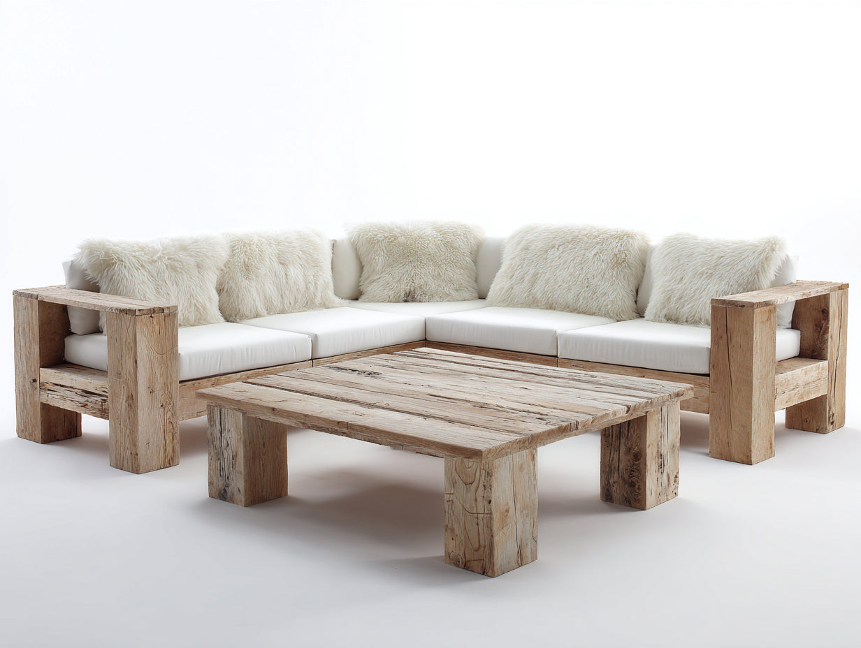 Canapé de jardin - bois - tissu - 250 x 250 x 72 cm - naturel-blanc - style rustique