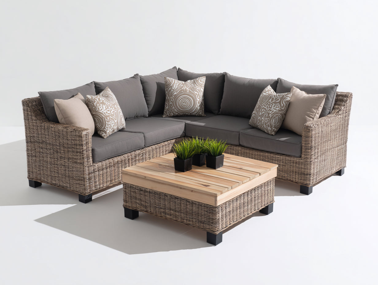 Canapé de jardin - rotin tressé - bois - tissu - 242 x 242 x 82 cm - naturel-gris - style contemporain