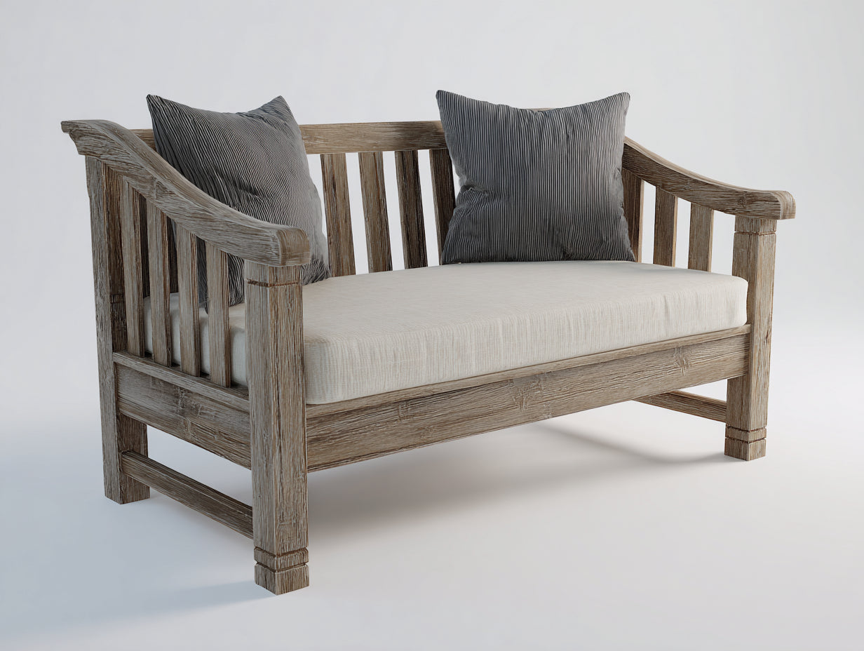 Banc de jardin - bois - tissu - 142 x 70 x 86 cm - bois grisé-écru - style rustique