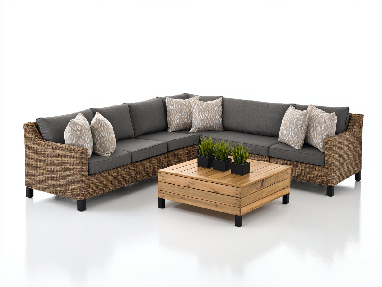 Canapé de jardin - rotin tressé - bois - tissu - 266 x 266 x 82 cm - naturel-gris foncé - style contemporain