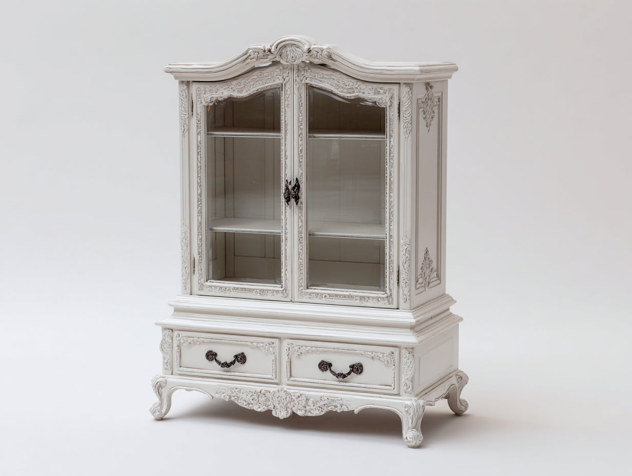 Vitrine - Bois-verre - 104 x 46 x 194 cm - Blanc cassé - Rococo classique