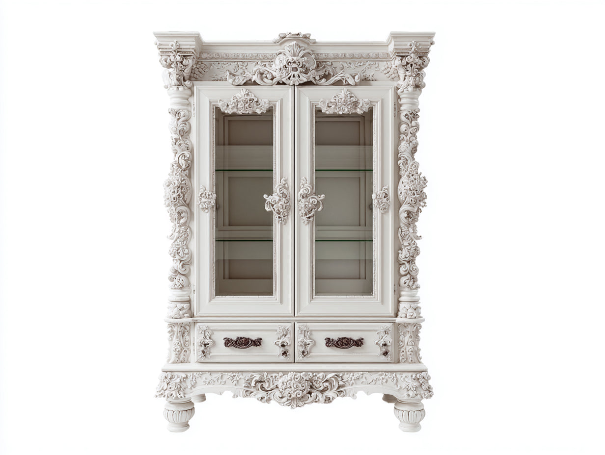 Vitrine - Bois-verre - 108 x 47 x 202 cm - Blanc antique - Baroque ornemental