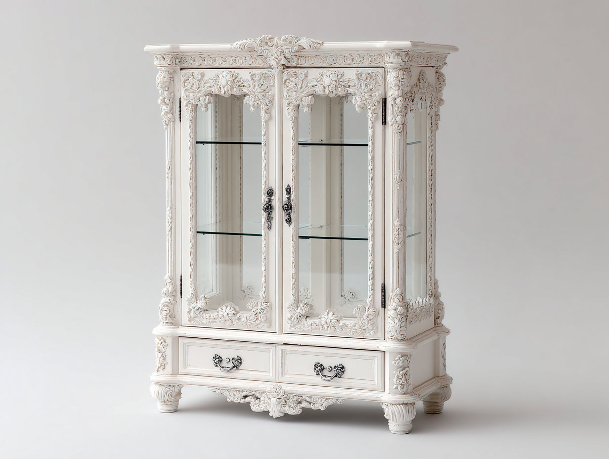 Vitrine - Bois-verre - 112 x 48 x 198 cm - Blanc ivoire - Baroque floral