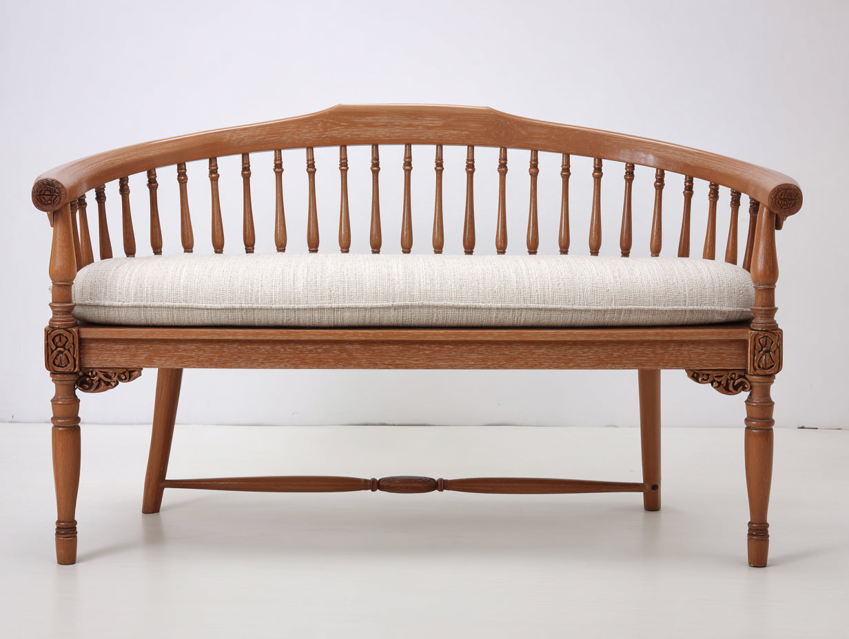 Banc de jardin - bois - tissu - 156 x 65 x 91 cm - brun miel-écru - style traditionnel sculpté
